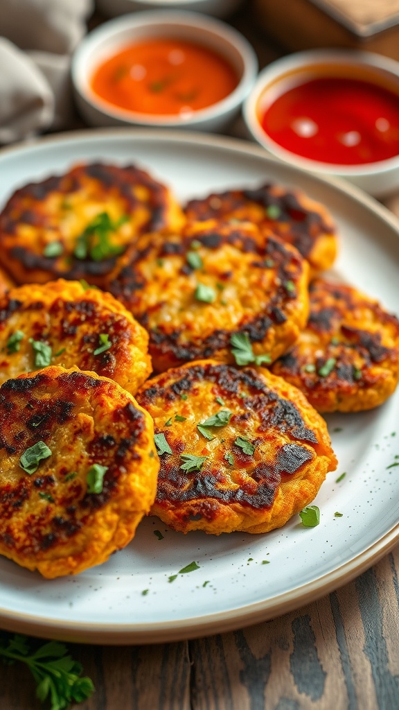 Crispy tuna and sweet potato cakes on a plate, garnished with herbs, served with dipping sauces.